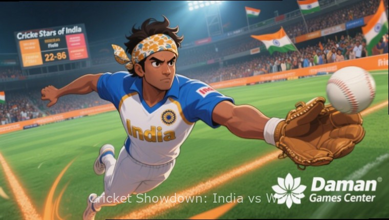 Cricket Showdown: India vs World Stadium Cricket Showdown: India vs World screenshot showing a packed stadium with Indian fans waving flags